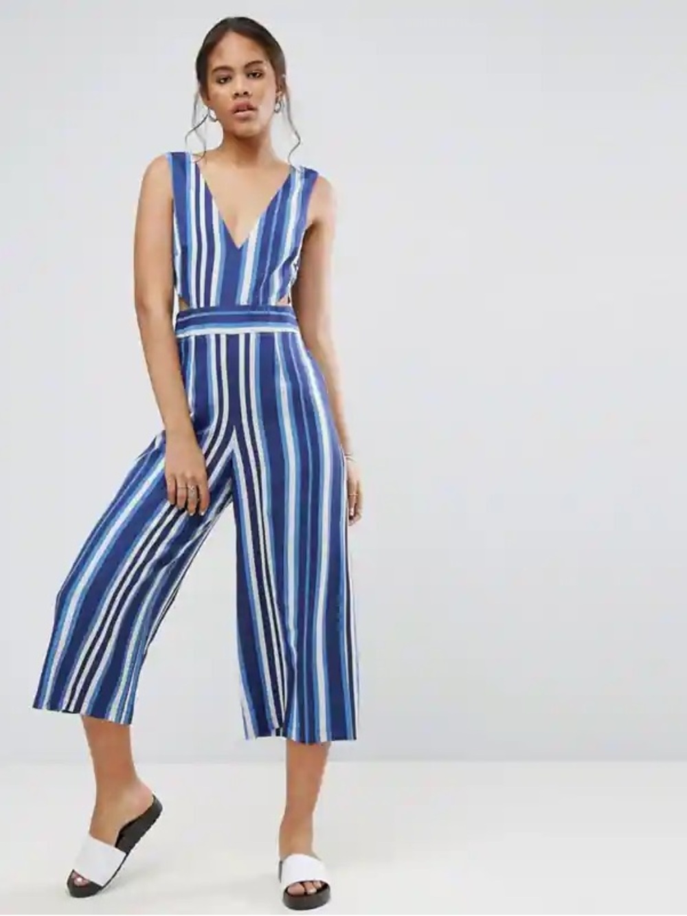 NEW ASOS Cut Out Side Sleeveless Striped V-Neck Relaxed Wide-Leg Jumpsuit